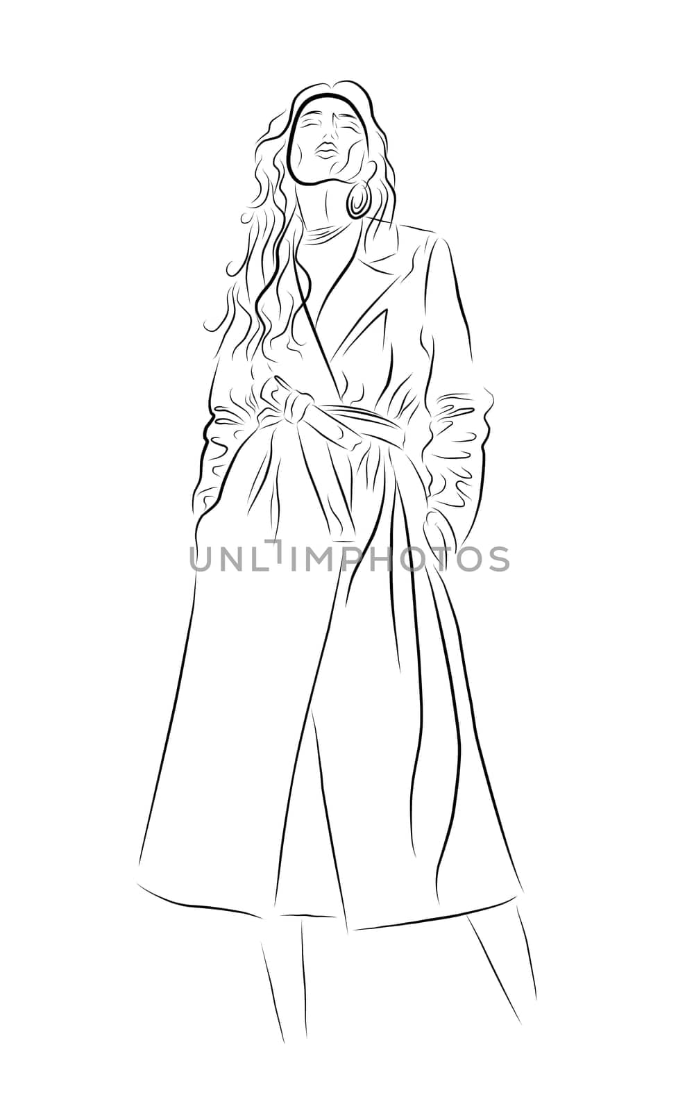 Woman black white isolated on white background. Modern style of clothing. Women in coats. Top Model. Fashion week. Trend illustration.