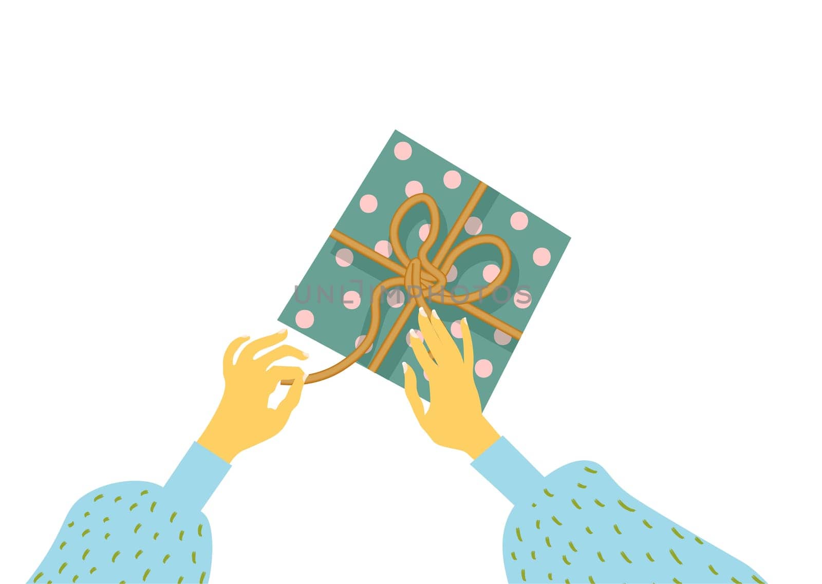 Gift wrapping. Unpacking gifts. Hands holding a box.Trendy Christmas illustration.