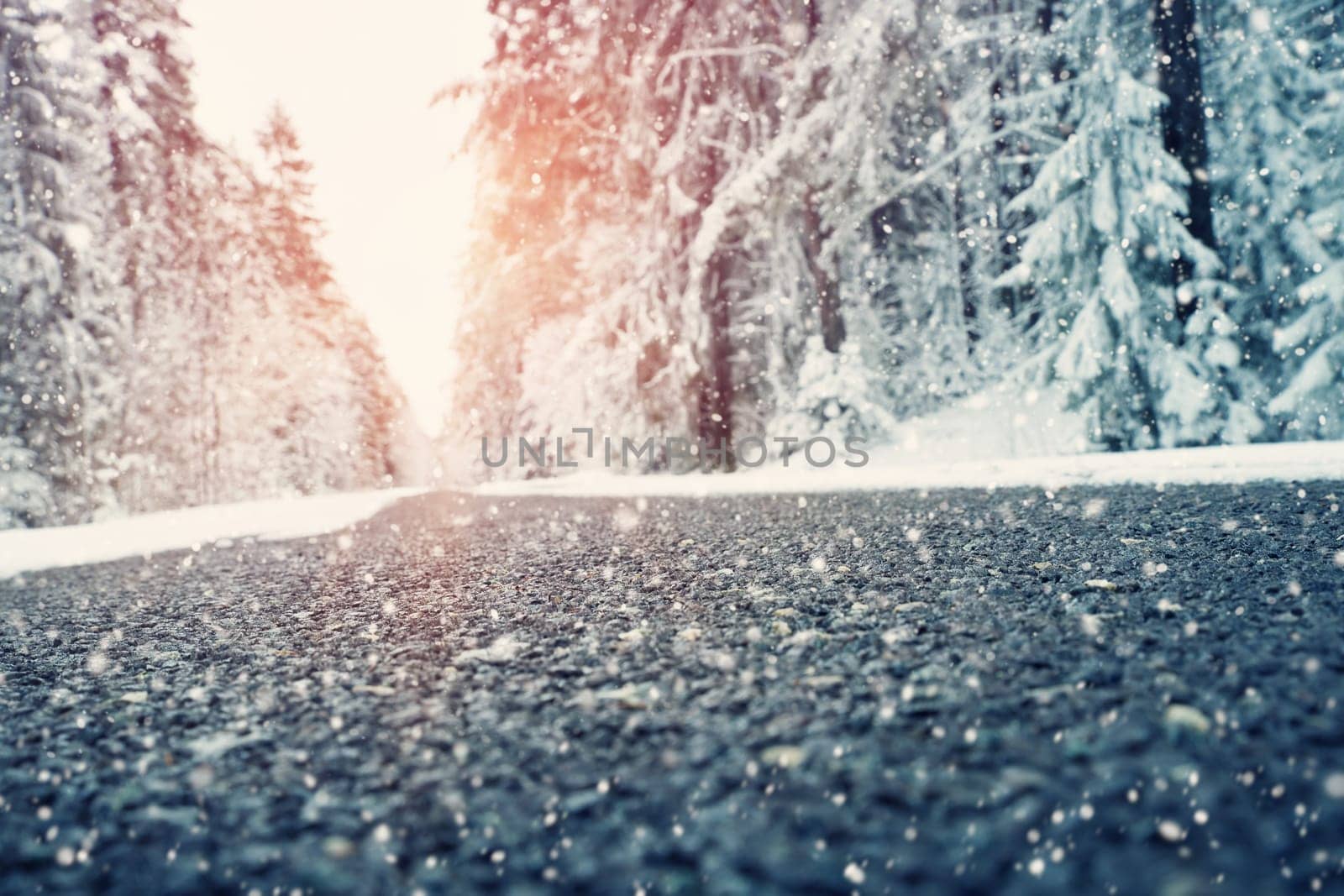 Asphalt road in snowy winter on beautiful frosty day