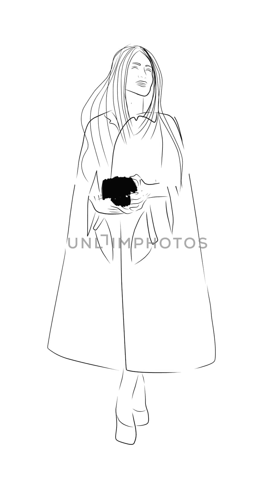 Woman black white isolated on white background. Modern style of clothing. Women in coats. Top Model. Fashion week. Trend illustration.