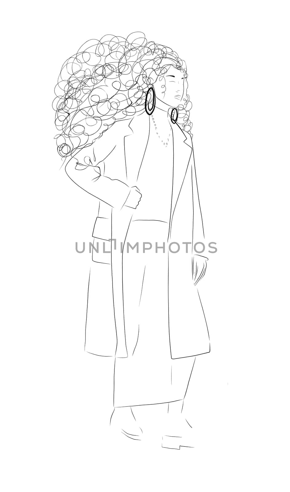 Woman black white isolated on white background. Modern style of clothing. Women in coats. Top Model. Fashion week. Trend illustration.