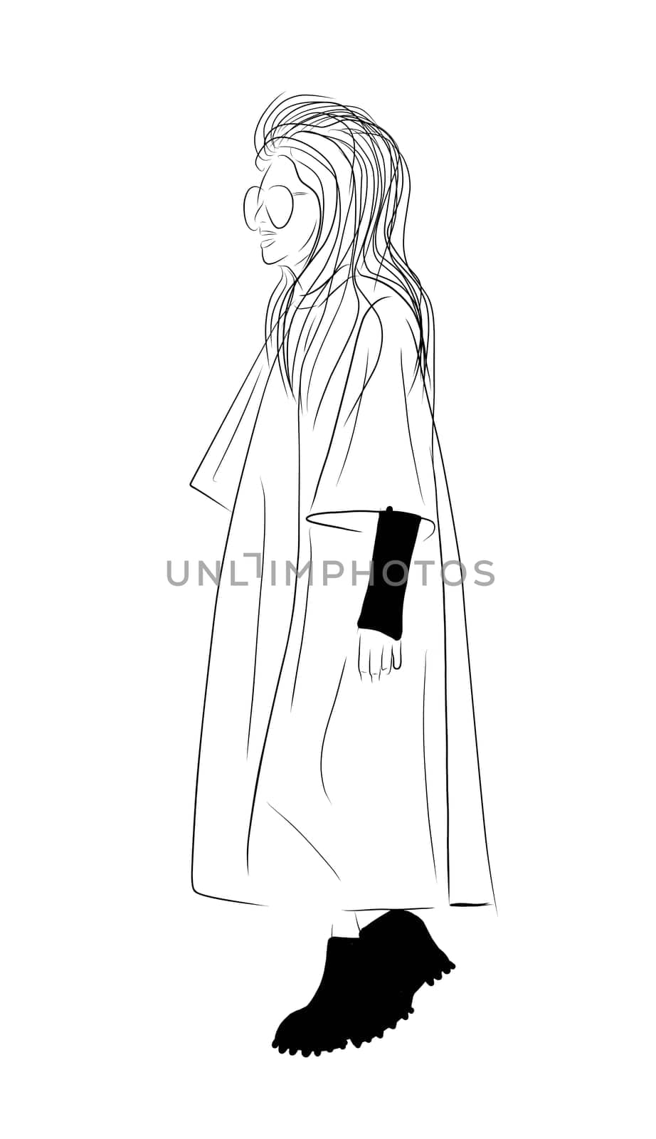 Woman black white isolated on white background. Modern style of clothing. Women in coats. Top Model. Fashion week. Trend illustration.