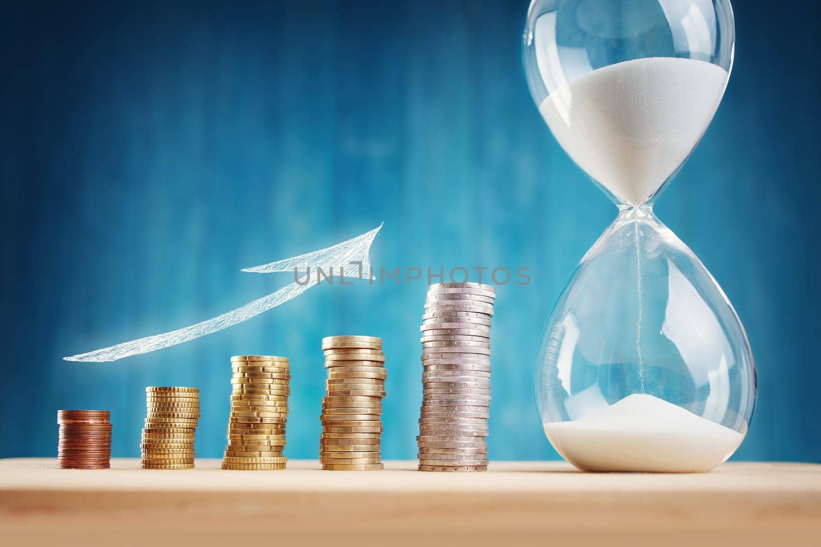 Clock with stacked coins. Pig with money savings and hourglass on blue background