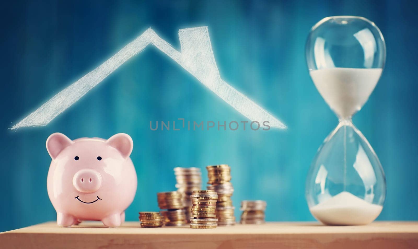 piggy bank with stacked coins. Pig with money savings and hourglass on blue background