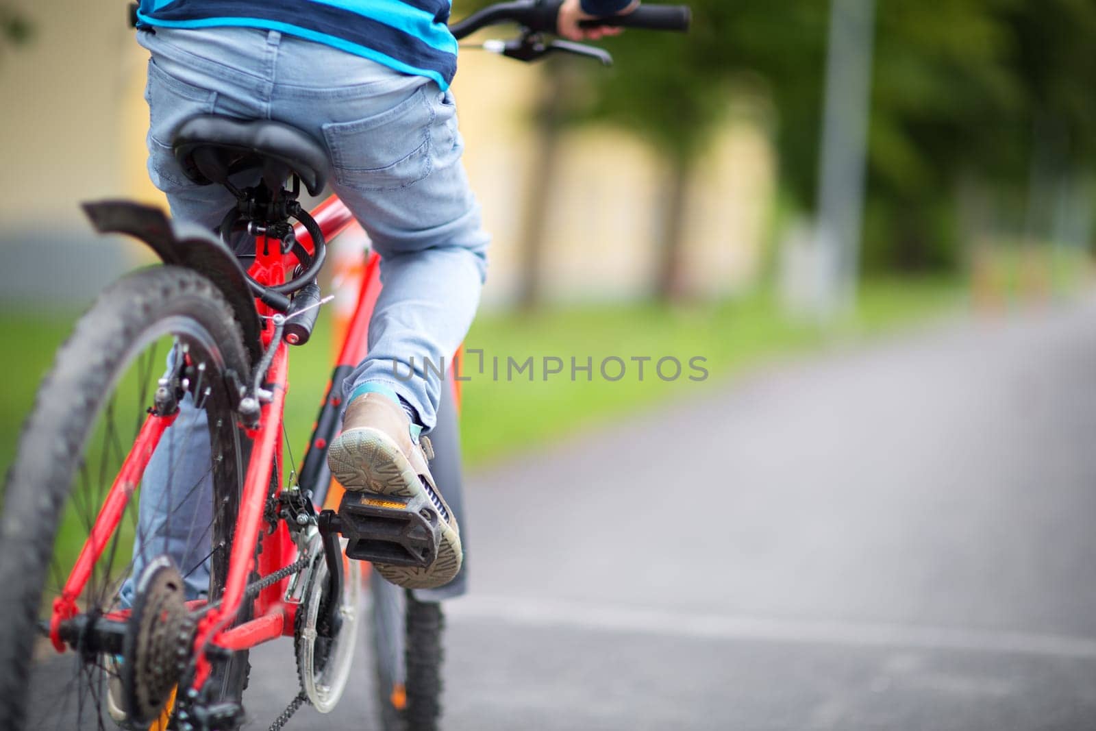 child on a bicycle at asphalt road in early morning. Boy on bike in the city