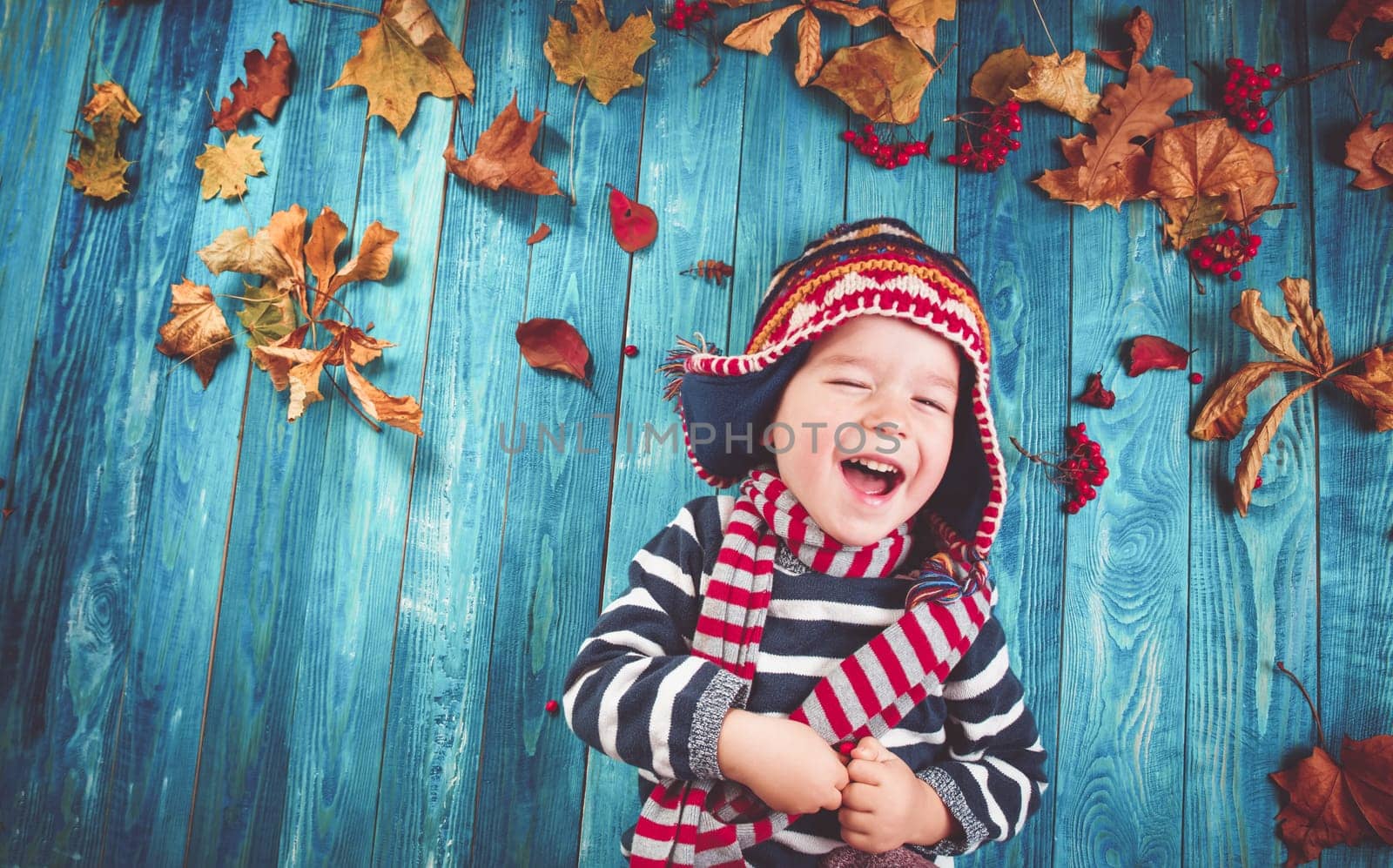 two years old boy dreaming in autumn. Child in hat and scarf and maple leaves on blue background