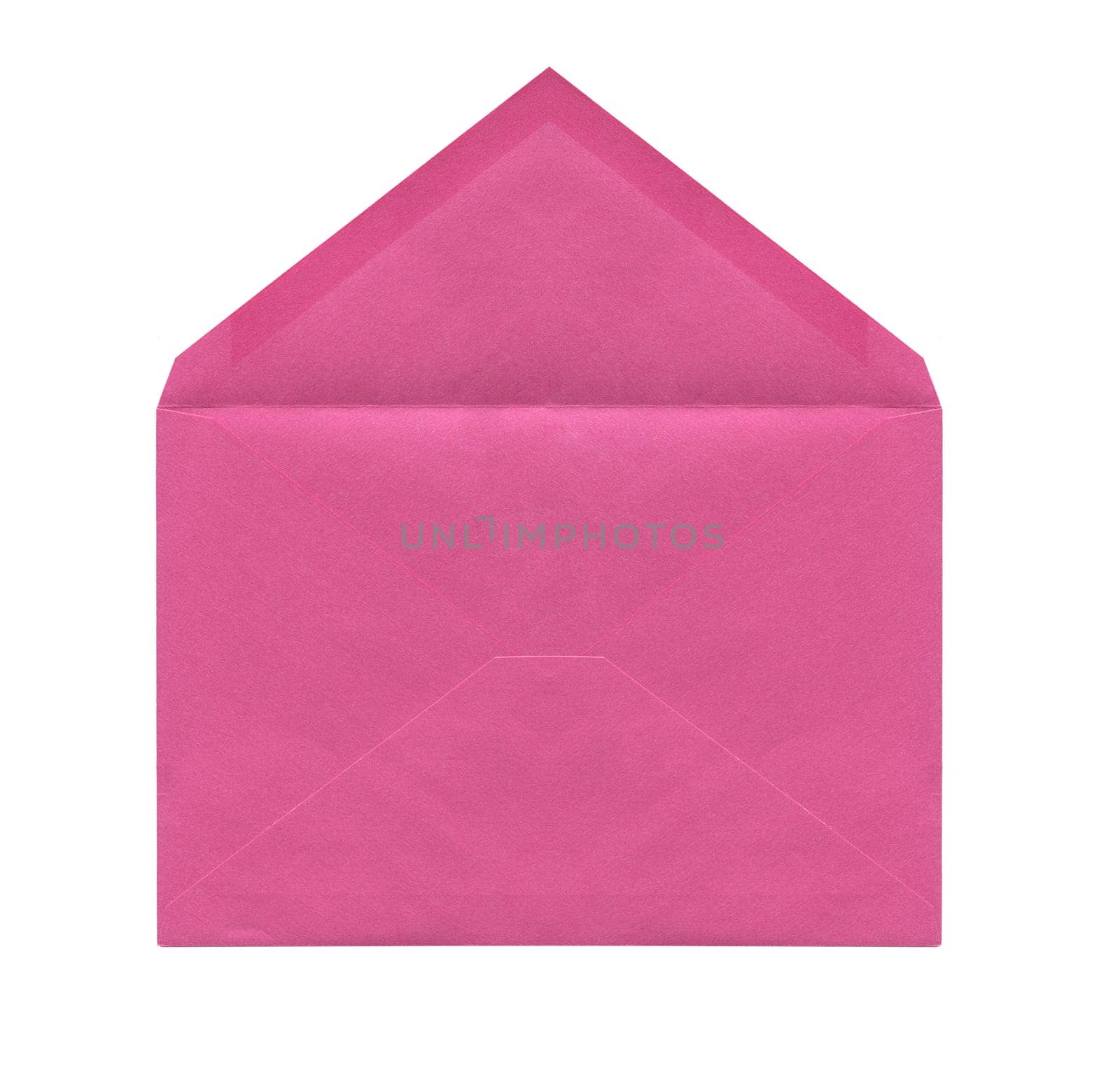 front view closeup of open blank old aged pink letter paper envelope isolated on white background
