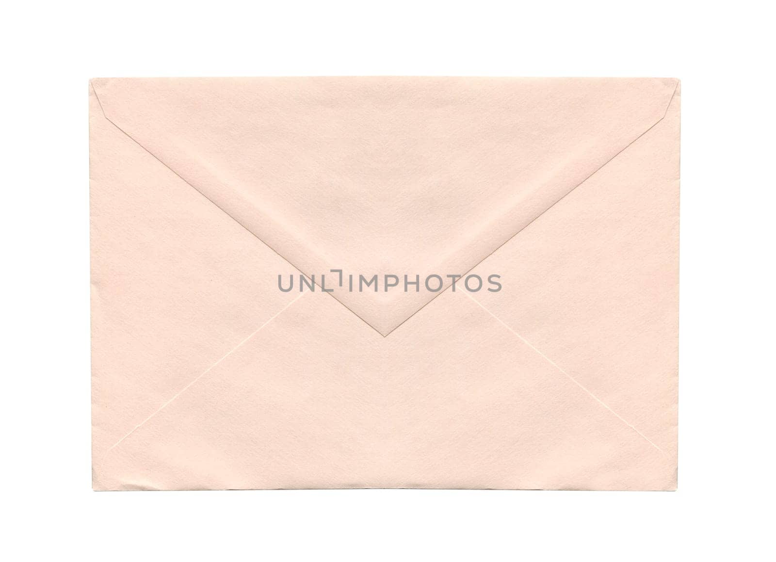 front view closeup of closed blank old aged beige letter paper envelope isolated on white background
