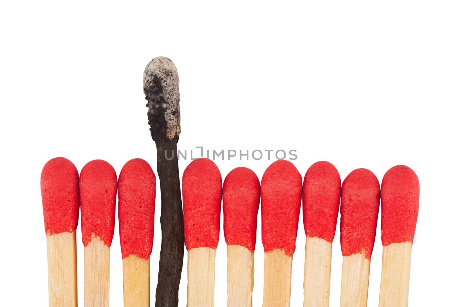 front view macro closeup of red wooden match sticks heads with a burnt one in the middle isolated on white background