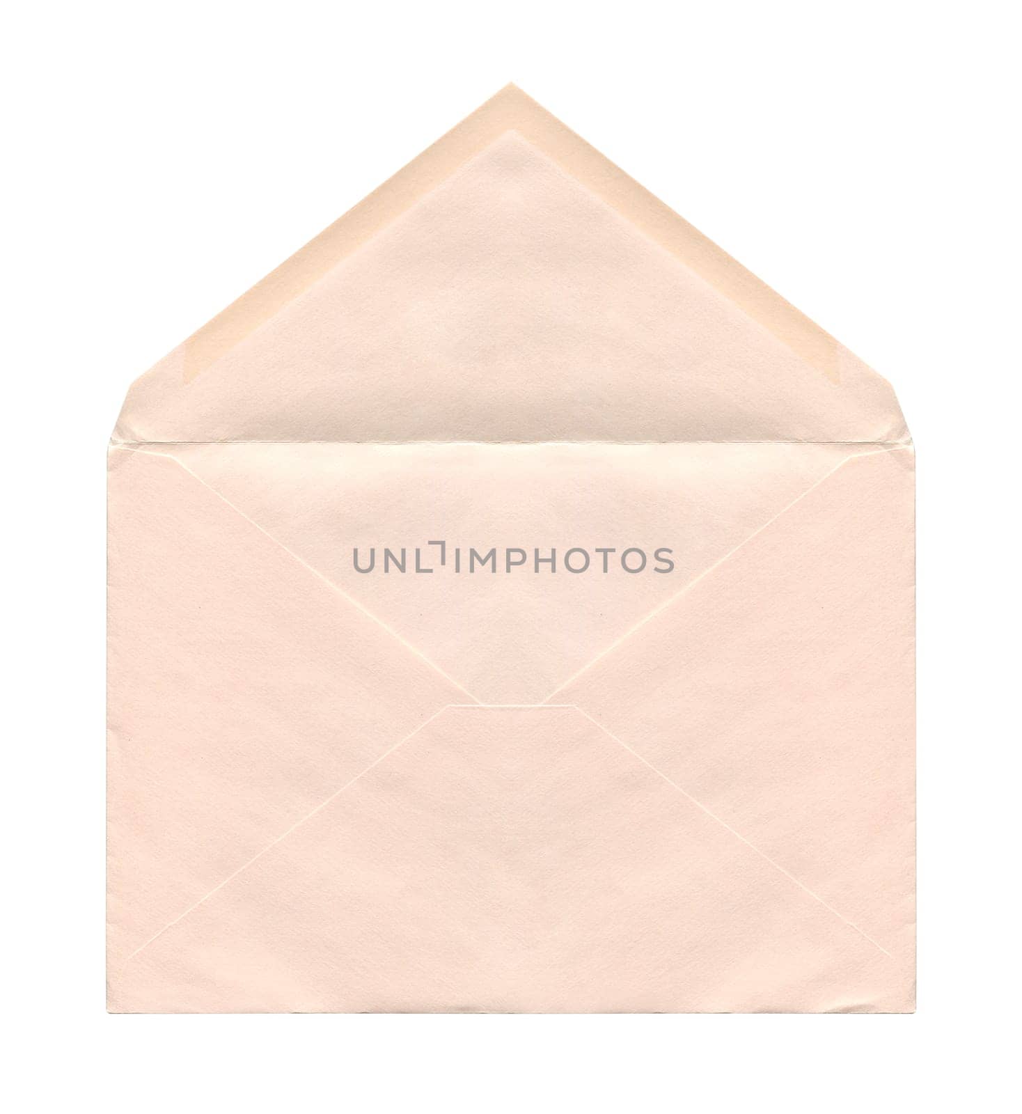 front view closeup of open blank old aged beige letter paper envelope isolated on white background