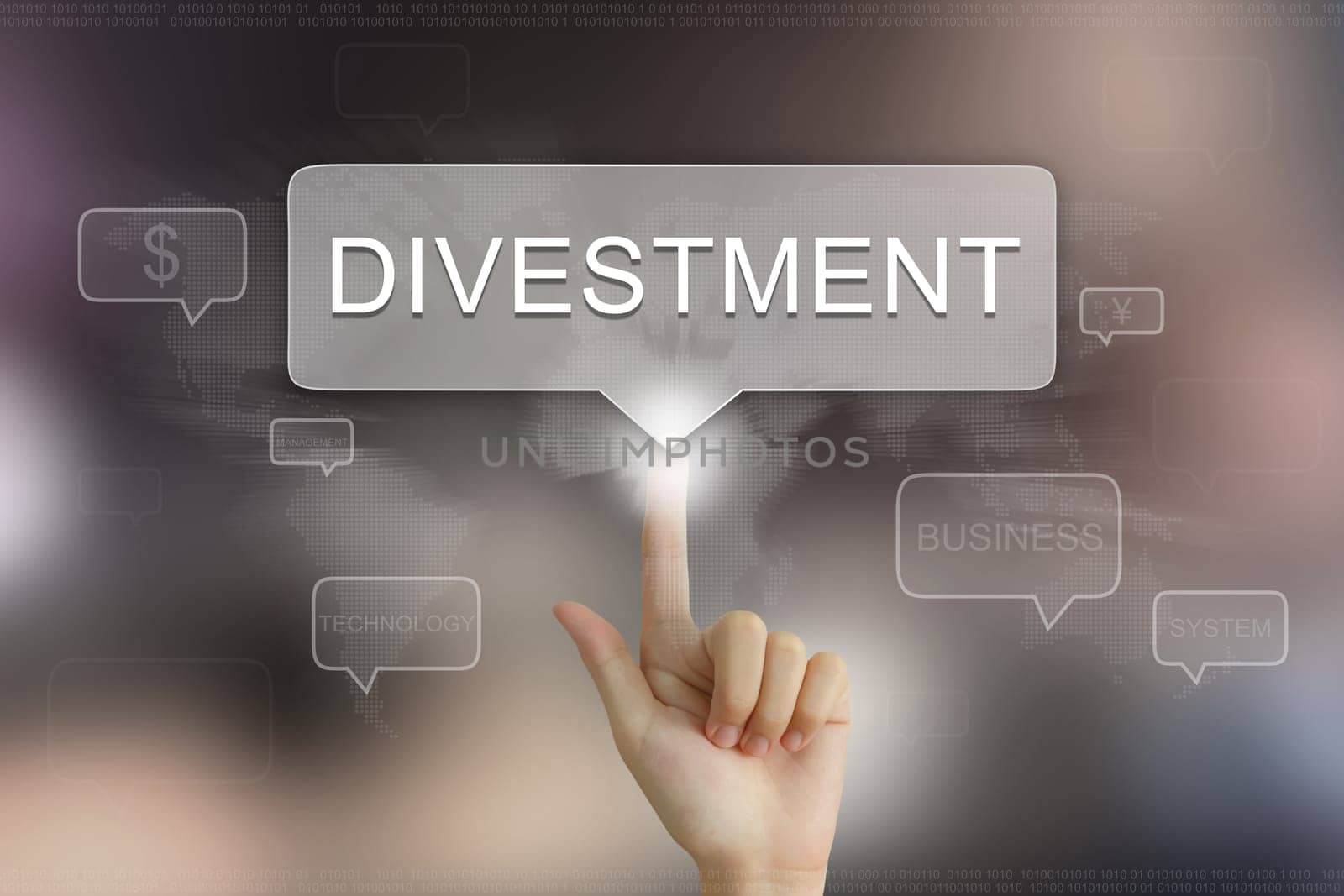 hand pushing on divestment balloon text button