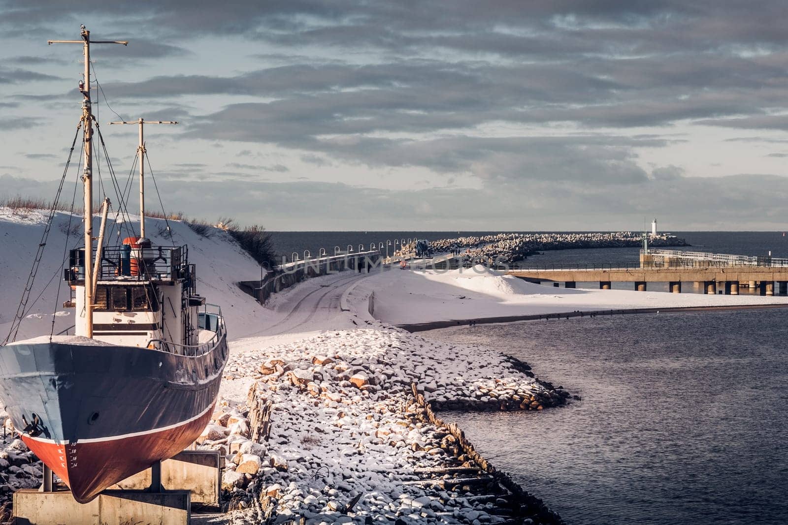 Ventspils, Latvia.The South Pier features a promenade with a viewing platform next to the lighthouse.