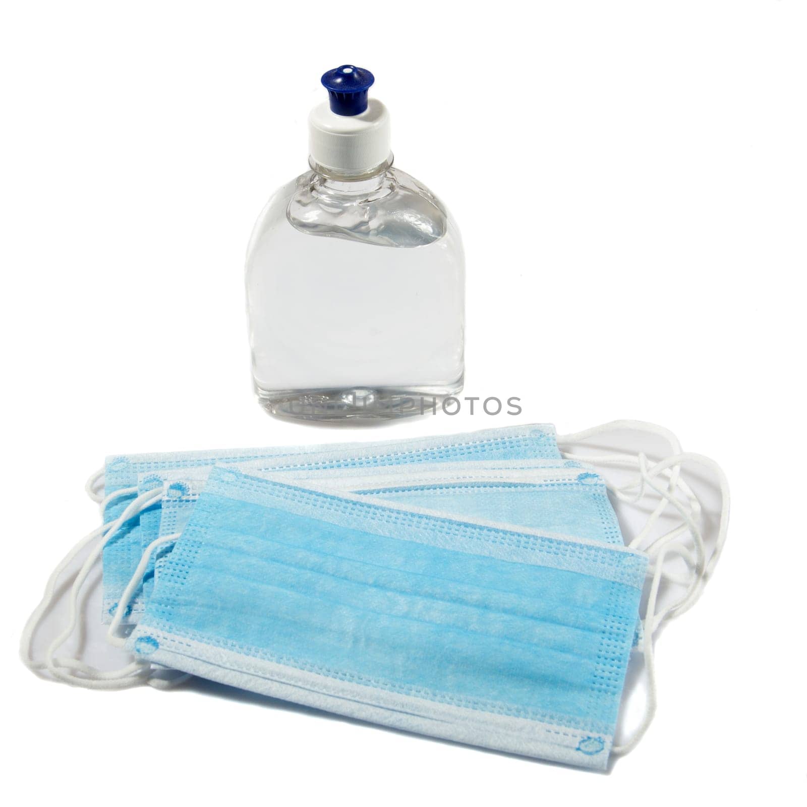 Coronavirus prevention medical surgical masks and hand sanitizer gel for hand hygiene corona virus protection.