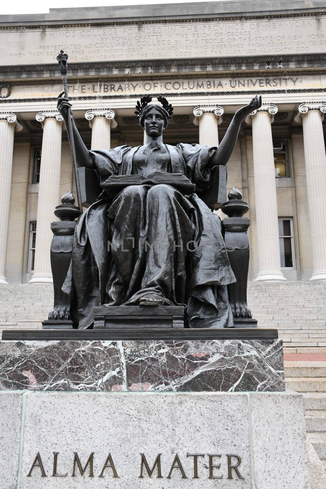 The famous,historical statue Alma Mater stands in front of the stairs of Columbia University in New York - Manhattan.
