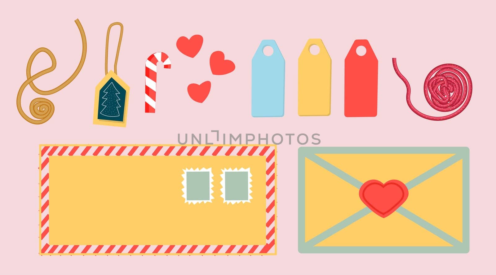 A set of postcards and envelopes. Isolated hand-drawn postcards and envelopes with postage stamps. Modern collection of letter designs. Vector illustration for web and print.