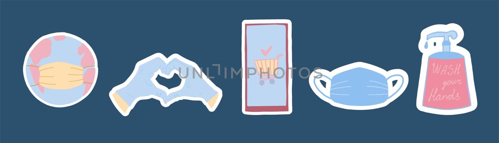 Simple symbols of coronavirus. Covid stickers in pastel colors. Elements for the internet and canva