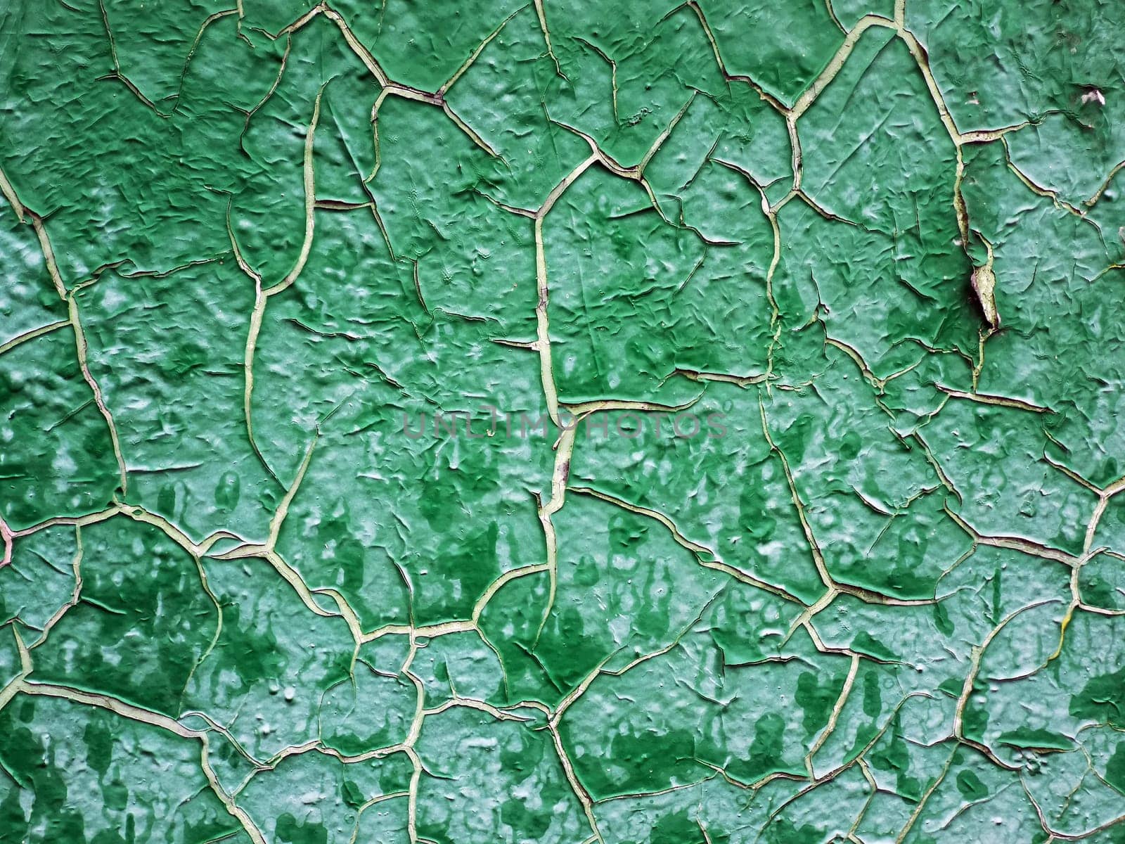 Old green paint is cracked. Background texture closeup