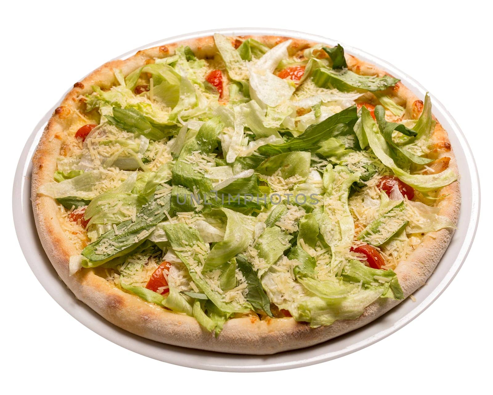 Caesar pizza thin cake, Caesar sauce, chicken fillet, tomatoes, mozzarella, parmesan, iceberg . Isolated image on white background.
