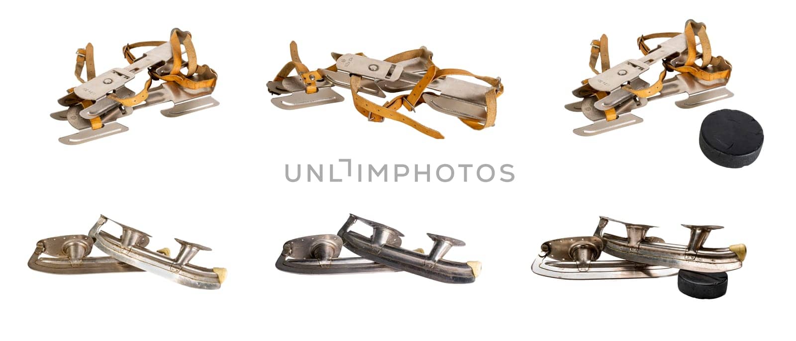 Set of old steel skates isolated on a white background Hockey puck Figure skating sport