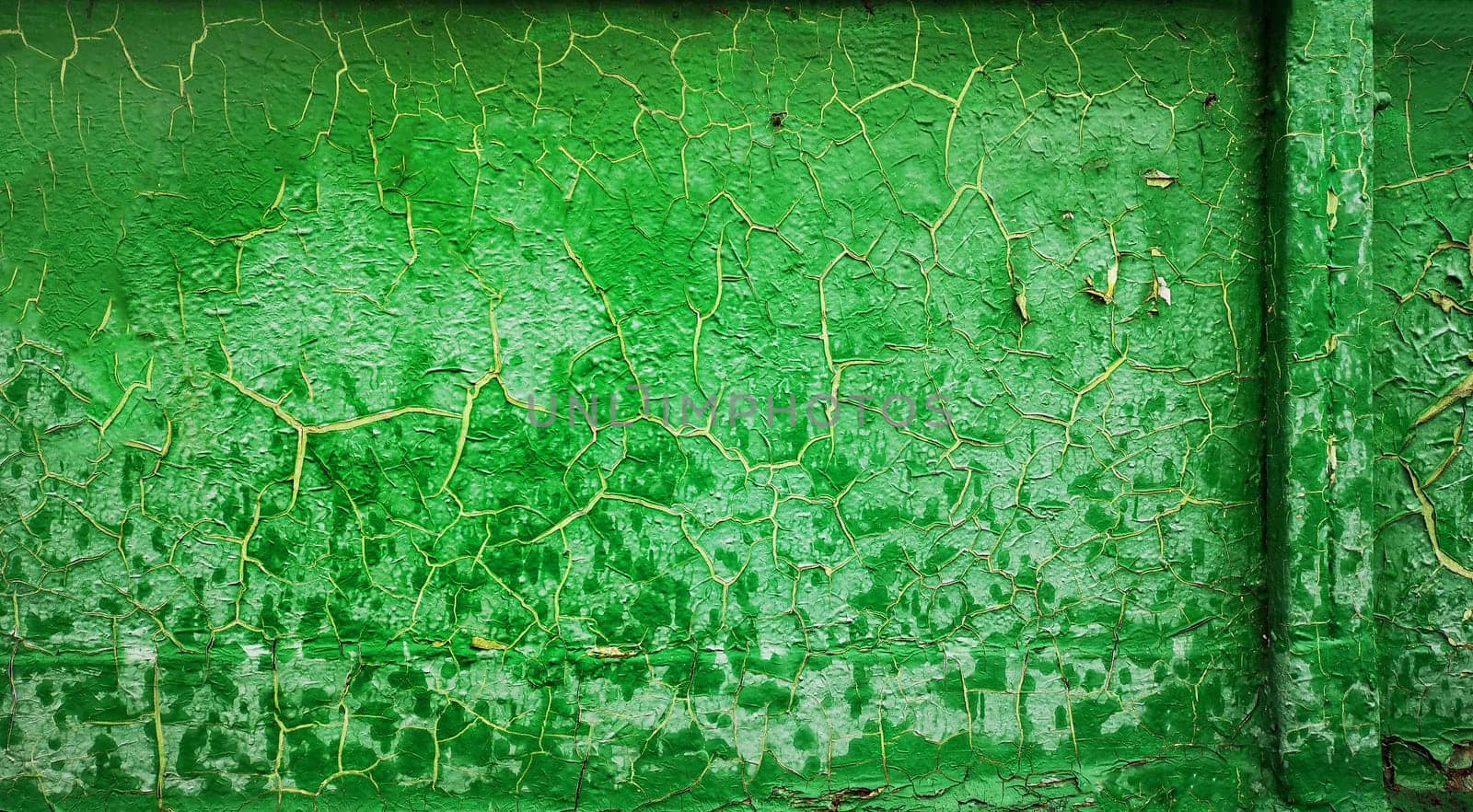 Old green paint is cracked. Background texture closeup.