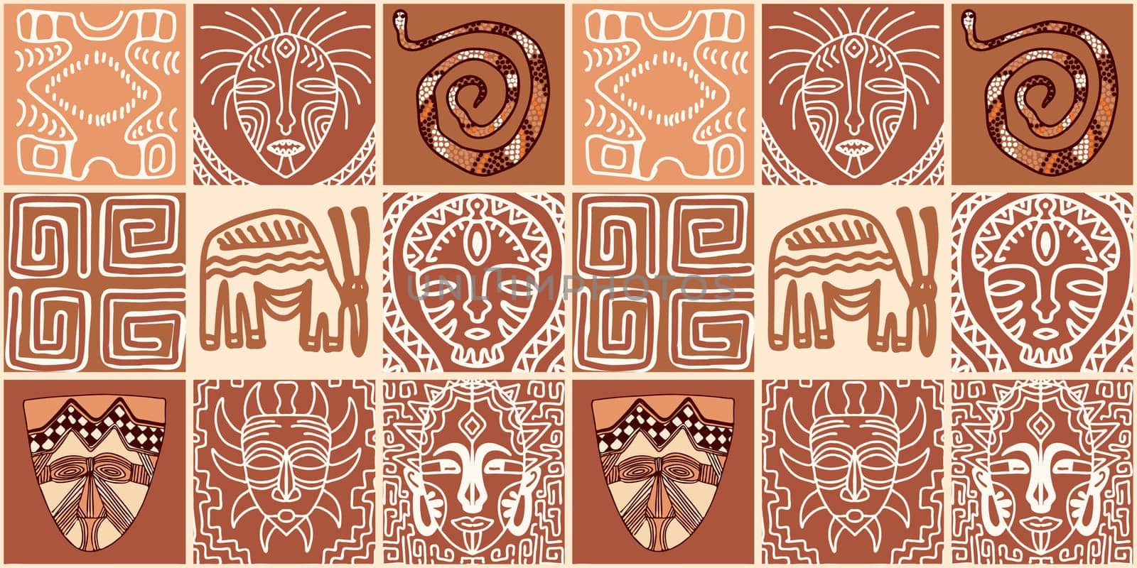 ETHNIC TREND PATTERN. PAINTWORK IN AFRICAN STYLE. PATTERN SEAMLESS AFRICAN. TRADITIONAL PATTERN. PRIMITIVE MINIMAL HAND DRAWINGS. Vector illustration. Fashion.