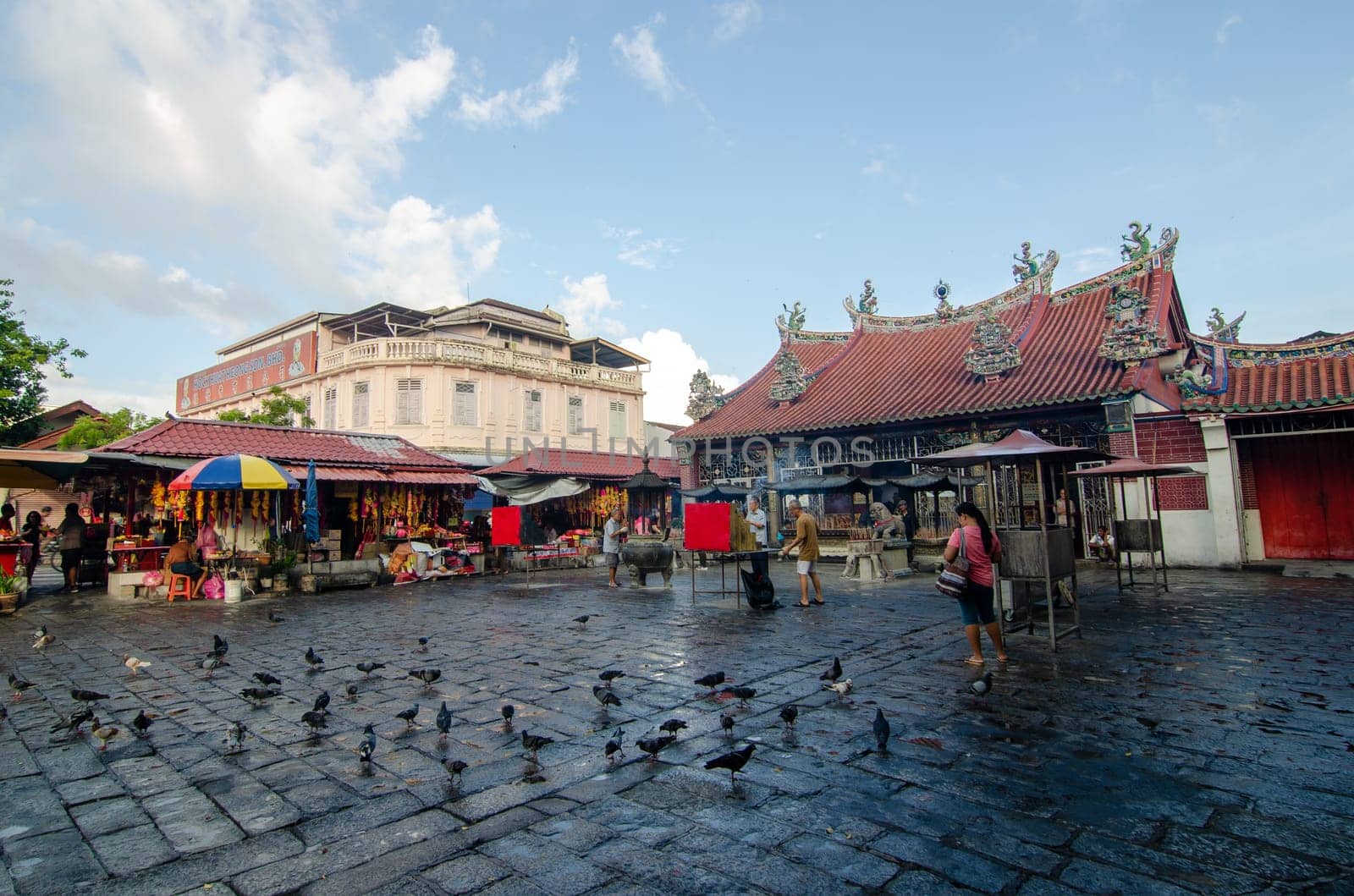 Georgetown, Penang/Malaysia - Jul 31 2016: Pigeons stay in front of the Goddess of Mercy temple.