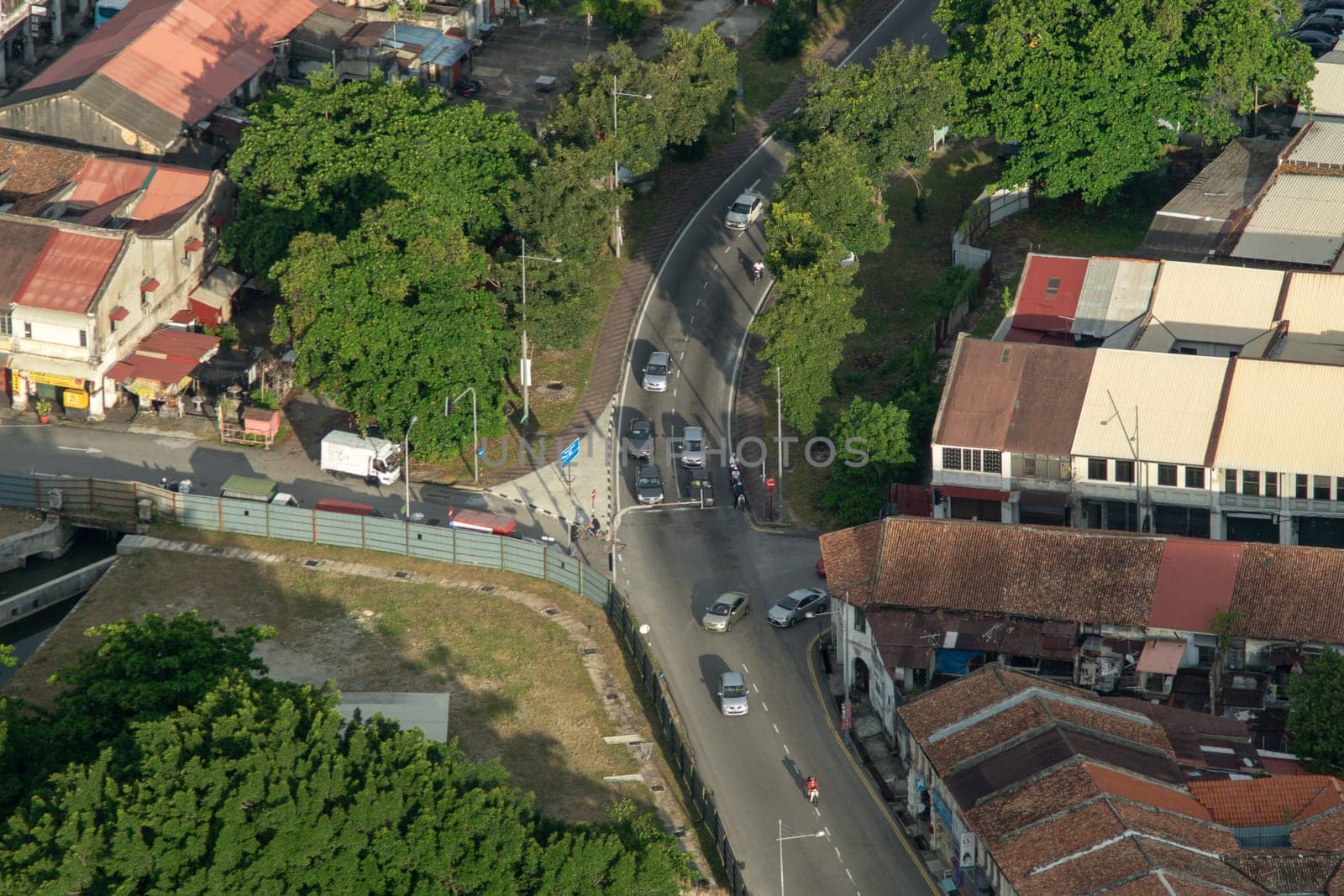 George Town, Penang/Malaysia - Jun 18 2017: Drone view green tree near the heritage house.