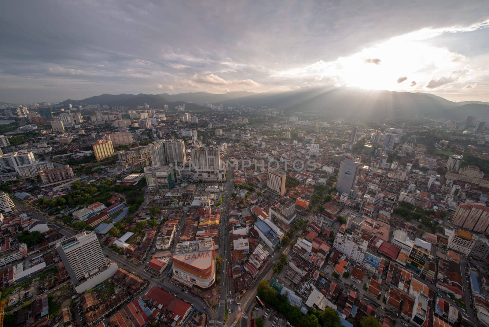 George Town, Penang/Malaysia - Jun 18 2017: Aerial look down Georgetown during sun down.