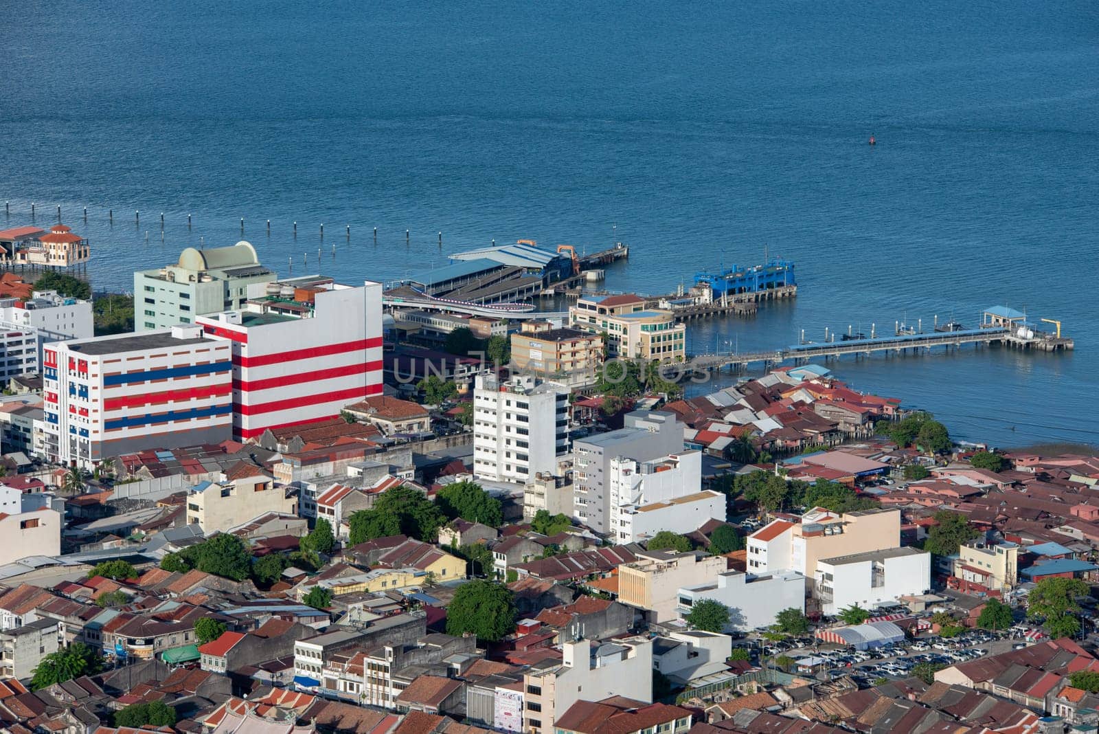 George Town, Penang/Malaysia - Jun 25 2017: Aerial view old heritage house near the sea.