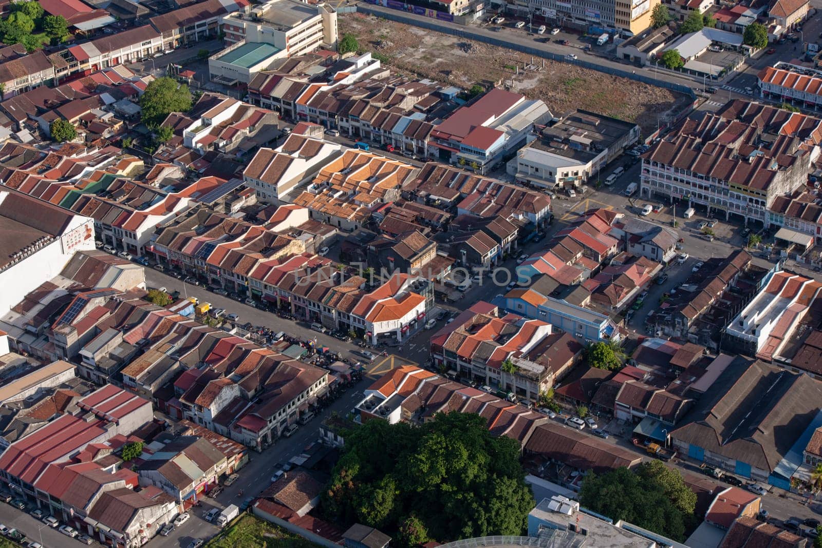 George Town, Penang/Malaysia - Jun 25 2017: Drone view the old heritage Georgetown building.