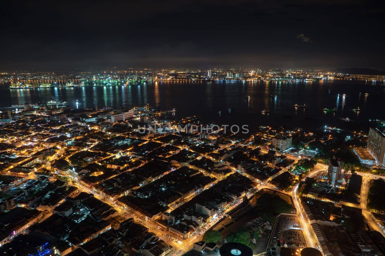 George Town, Penang/Malaysia - Jun 18 2017: Aerial view UNESCO World heritage Georgetown in night.