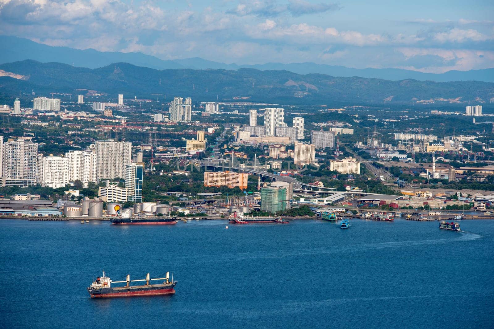 George Town, Penang/Malaysia - Jun 25 2017: Aerial view ship move at the sea of Penang.
