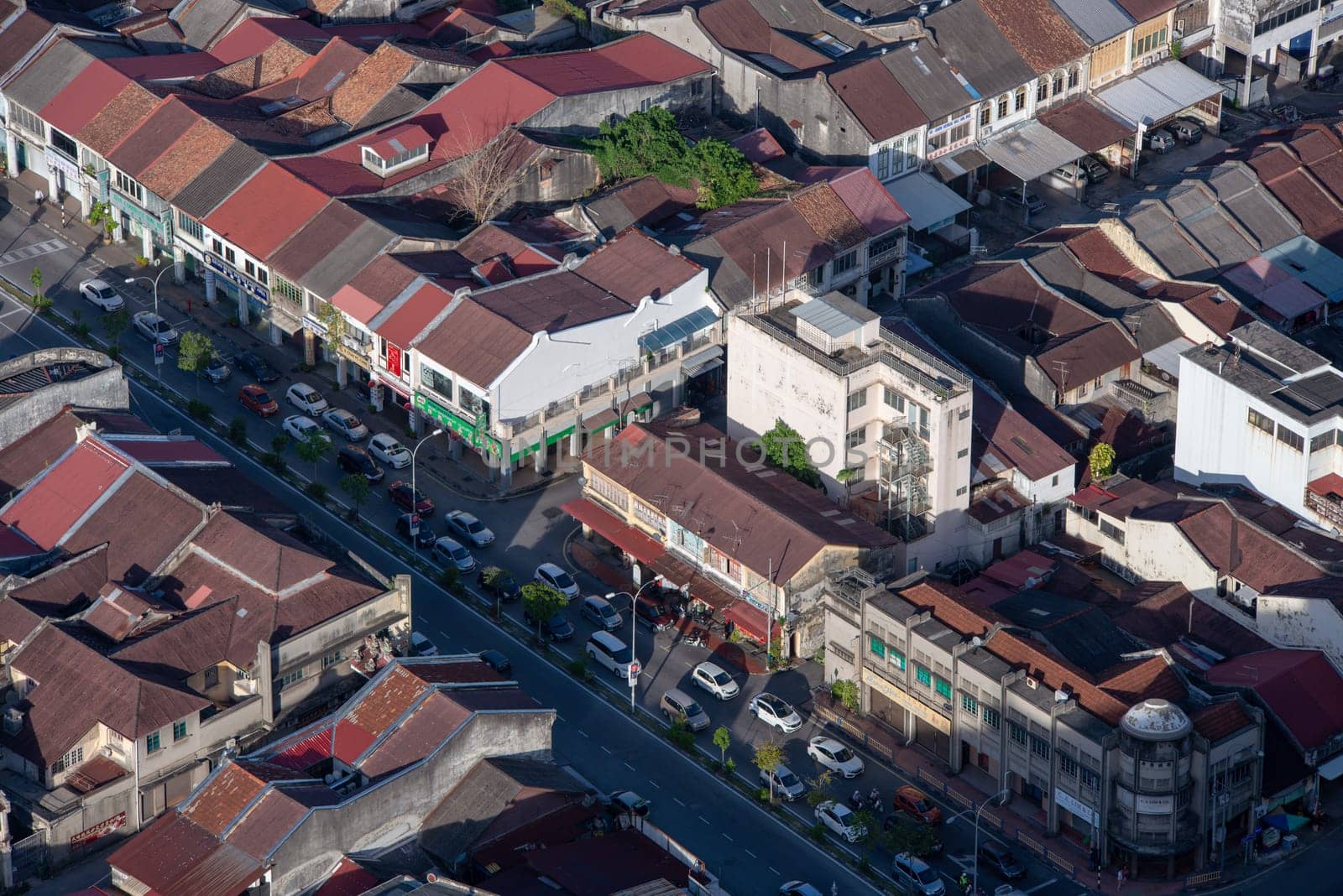 George Town, Penang/Malaysia - Jun 25 2017: Aerial view street in evening.
