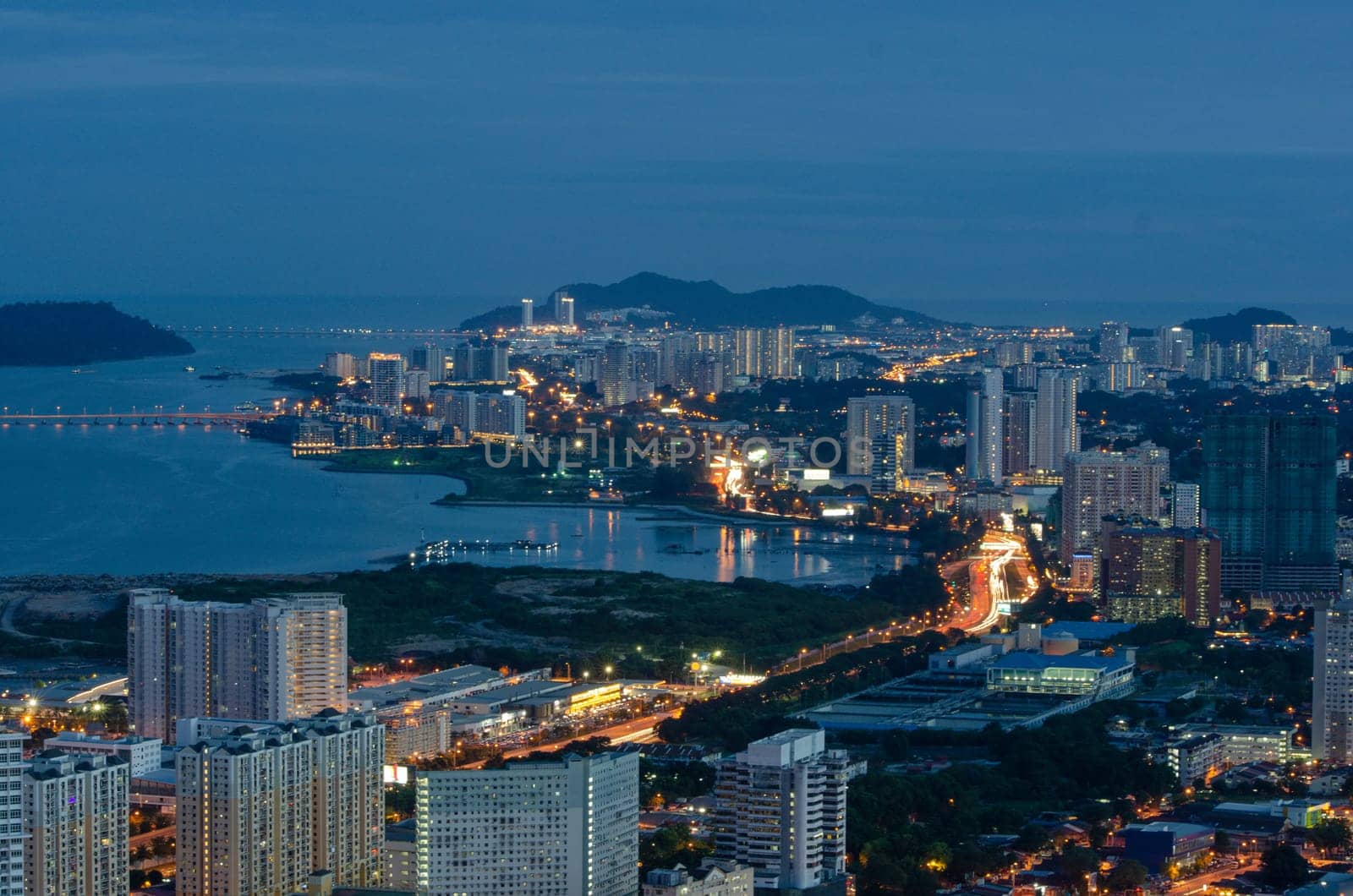 George Town, Penang/Malaysia - Jun 25 2017: Drone view traffic of Tun Dr Lim Chong Eu Expressway at night.