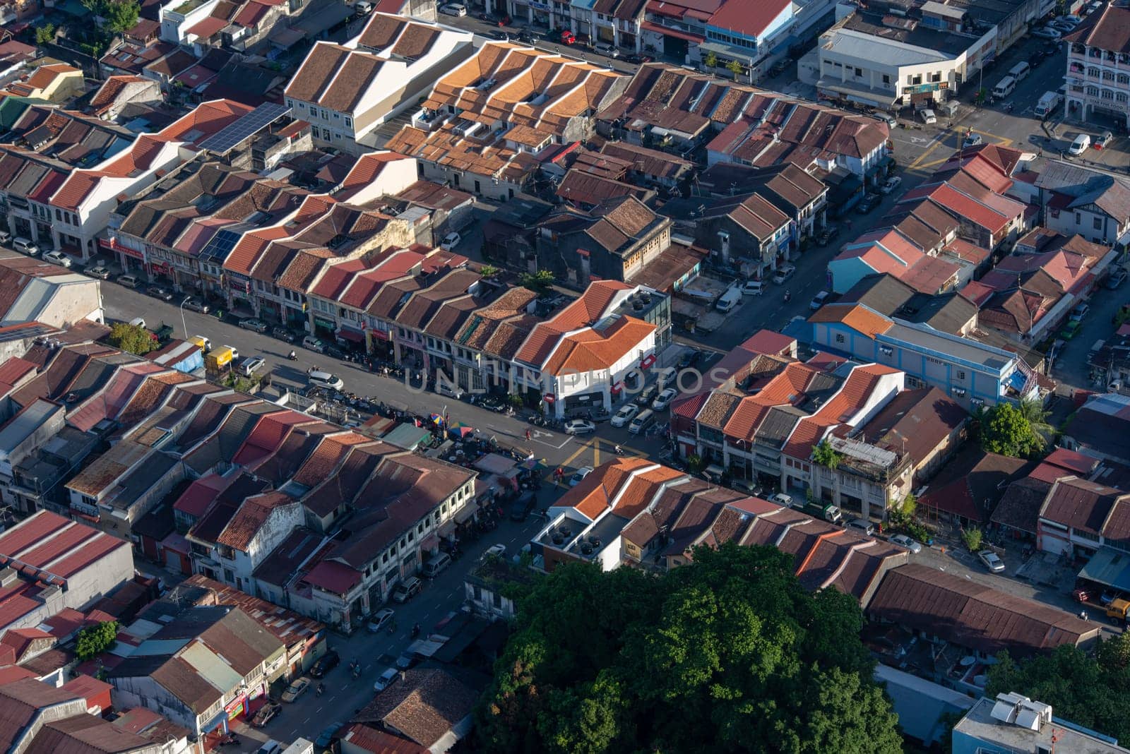 George Town, Penang/Malaysia - Jun 25 2017: Aerial view of rooftop of heritage house.