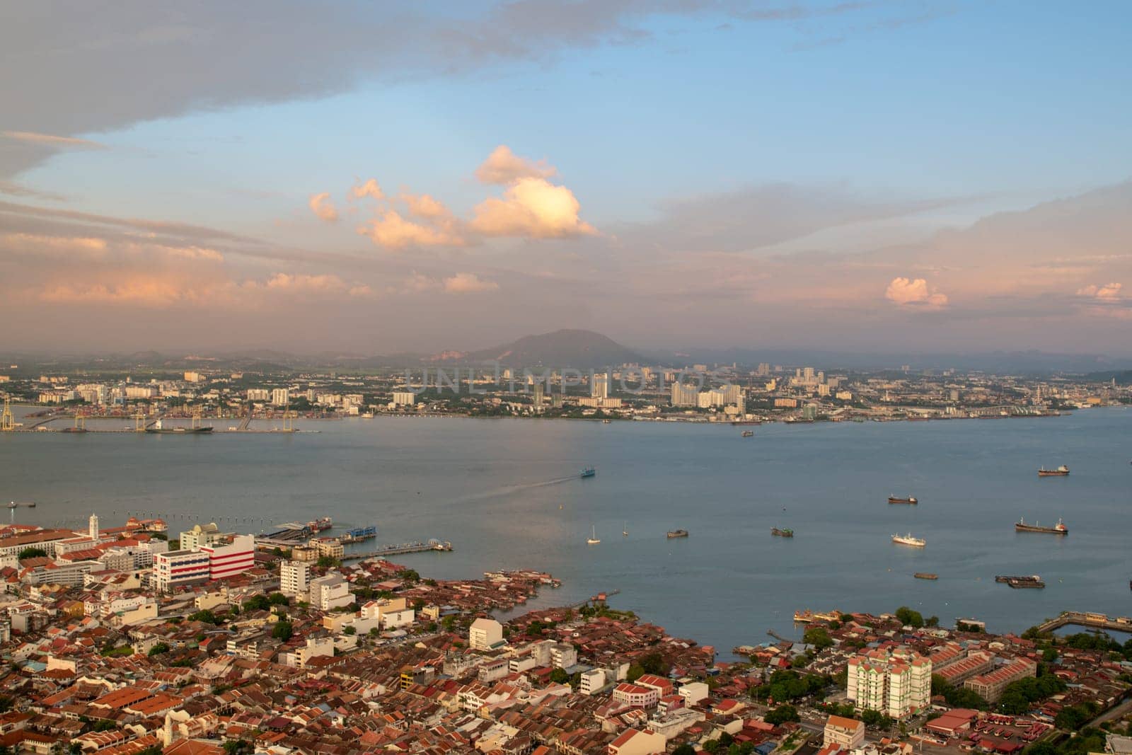 George Town, Penang/Malaysia - Jun 30 2017: Drone view Georgetown and ship traffic at sea.