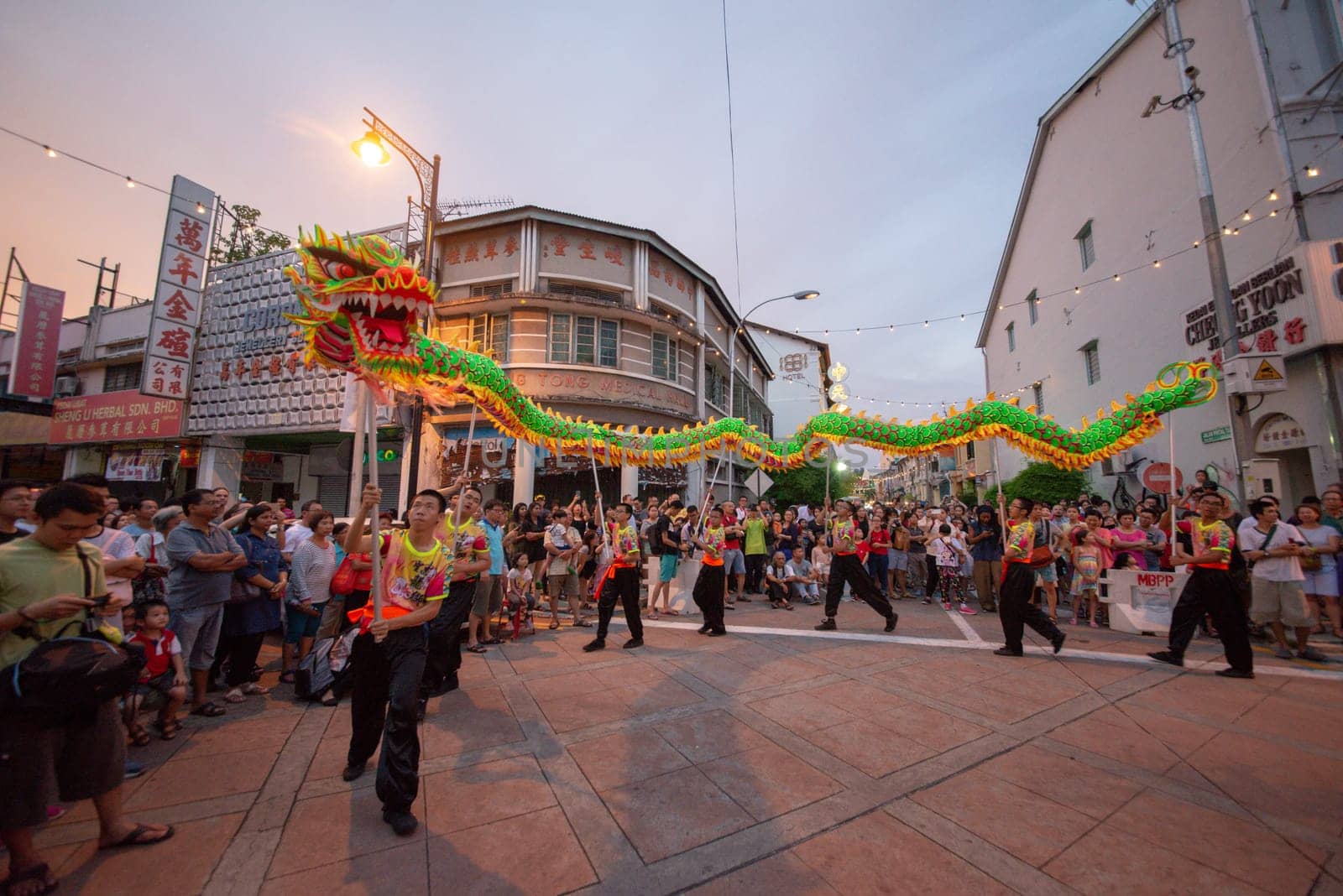 George Town, Penang/Malaysia - Jul 07 2017: Group of men perform dragon dance.