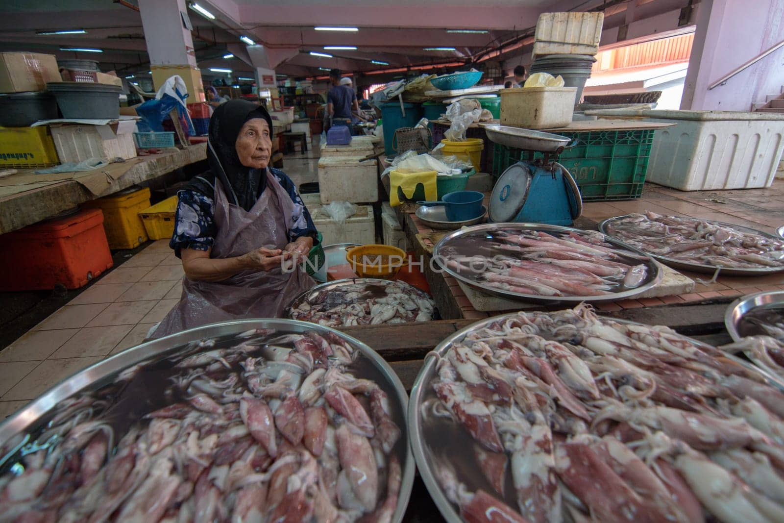 Kota Bahru, Kelantan/Malaysia - Jul 15 2017: Squid seller wait for customer pasar Siti Khdijah.