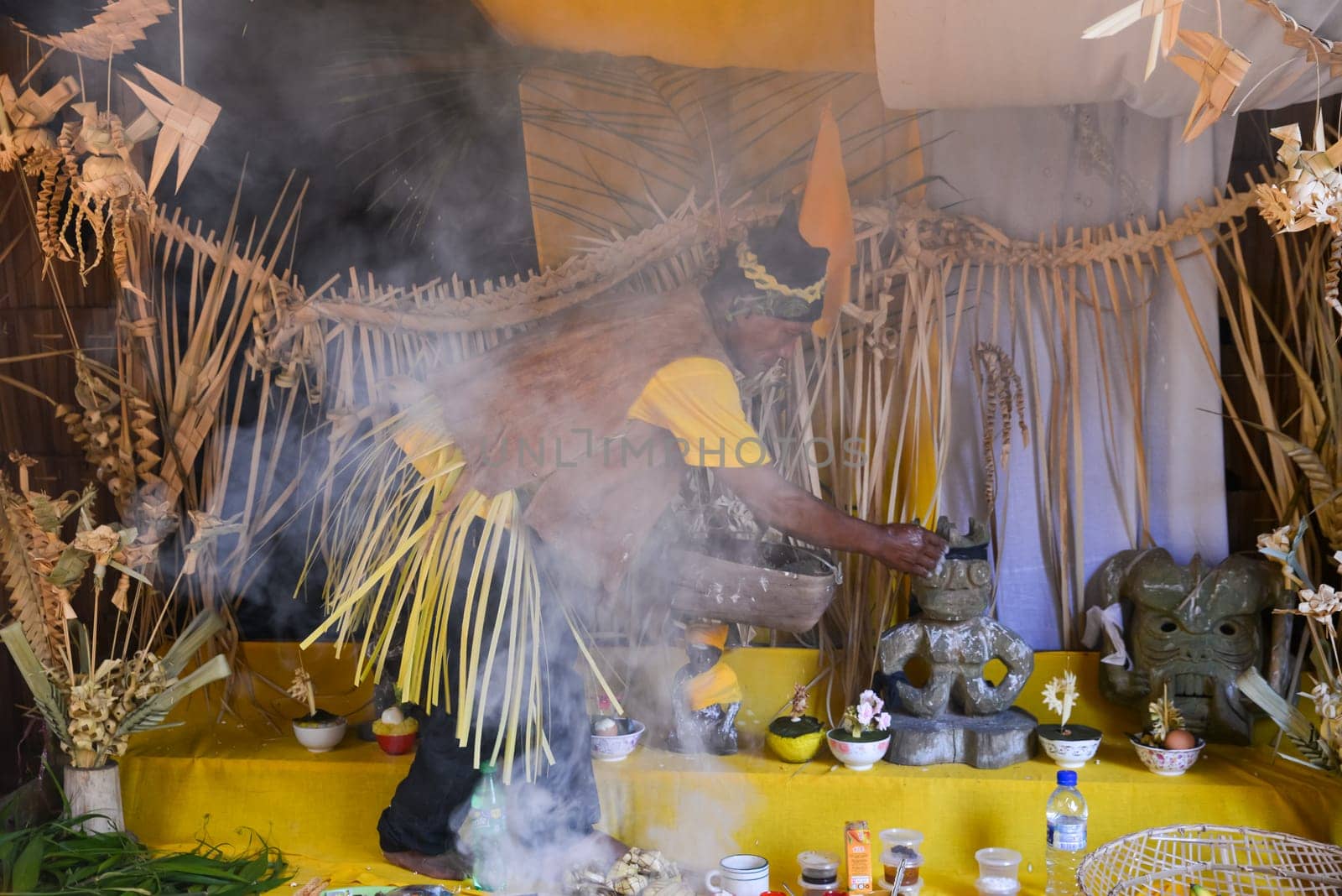 Carey Island, Selangor/Malaysia - Mar 17 2018: Mah Meri tribe Shaman in preparation.