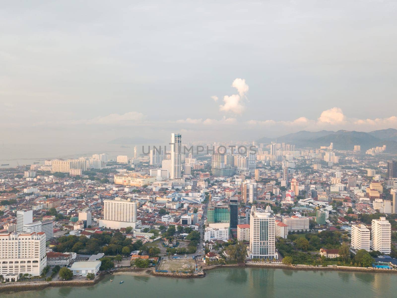 Gurney, Penang/Malaysia - Apr 05 2019: Aerial view KOMTAR building at Georgetown in hazzy day.