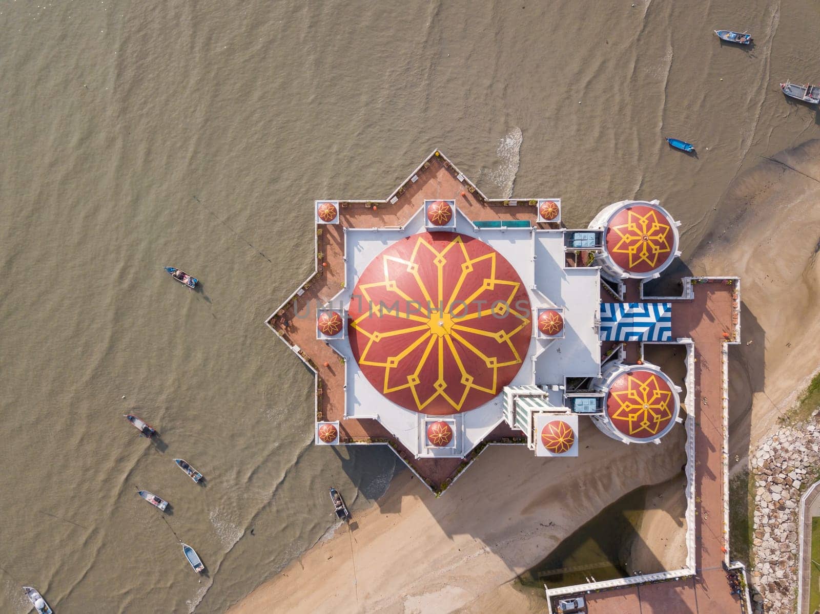 Bukit Georgetown, Penang/Malaysia - May 04 2019: Aerial look down floating mosque Tanjung Bungah in morning.