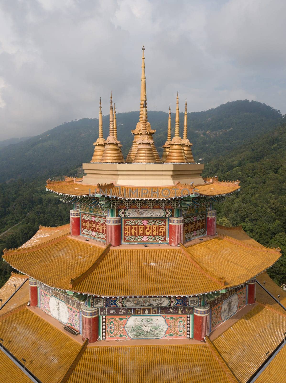 George Town, Penang/Malaysia - Jun 26 2019: Aerial view roof top Kuan Yin Goddess of Mercy Pavilion in Kek Lok Si Temple.