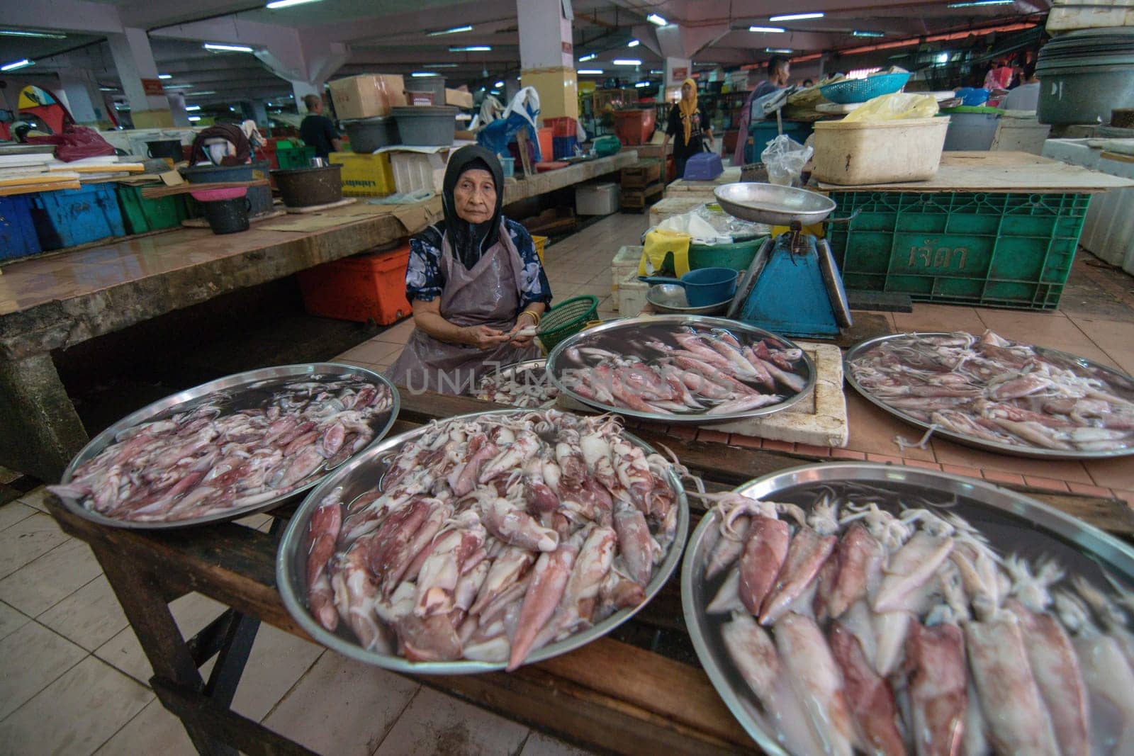 Kota Bahru, Kelantan/Malaysia - Jul 15 2017: A woman sell squid at Pasar Siti Khadijah.