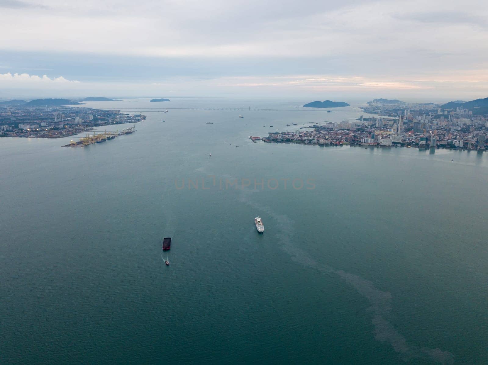 George Town, Penang/Malaysia - Jul 24 2019: Two ship move in different direction at Strairs of Malacca.