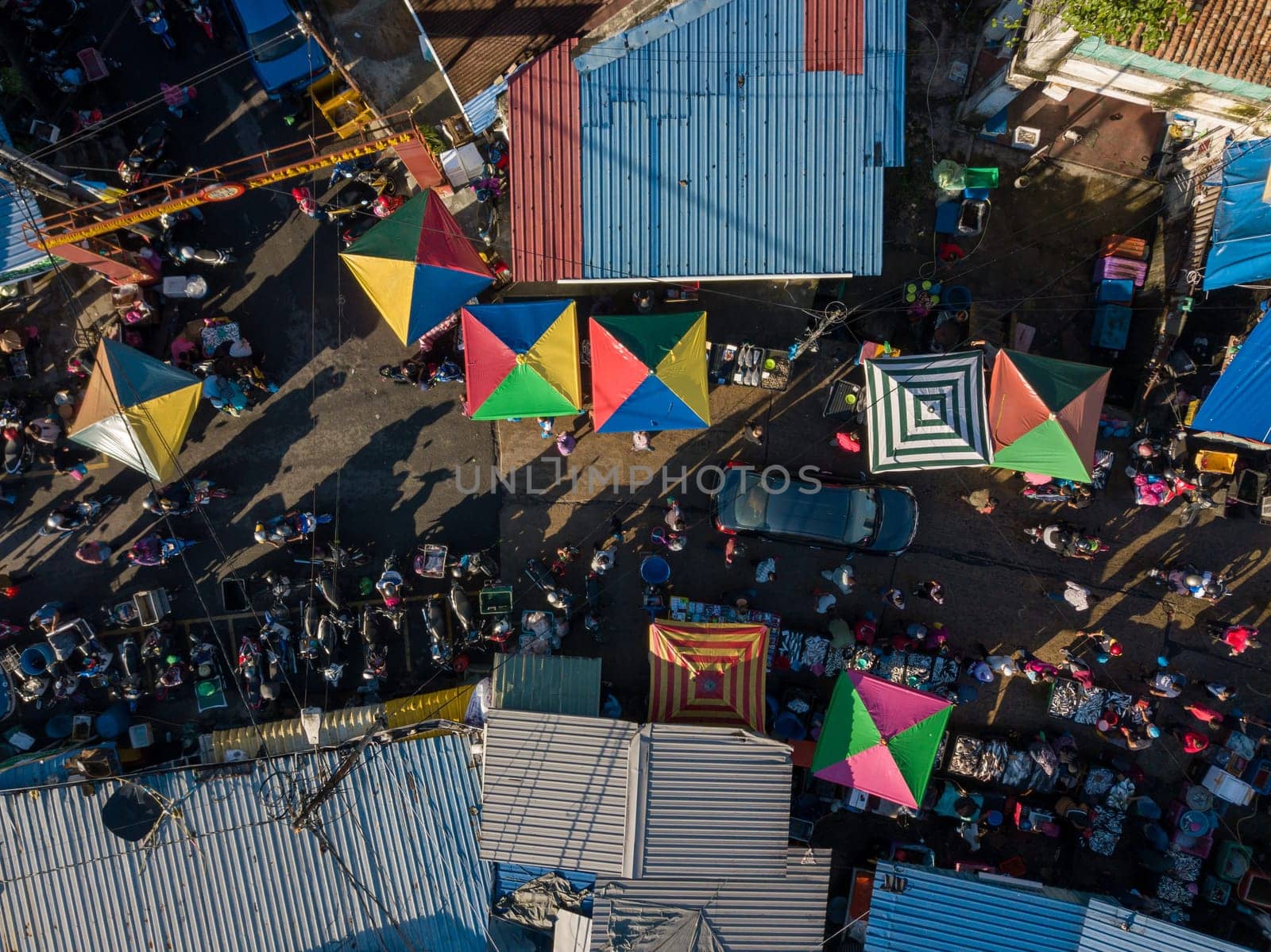 Bukit Mertajam, Penang/Malaysia - Oct 20 2019: Top down view morning market with crowds at town.