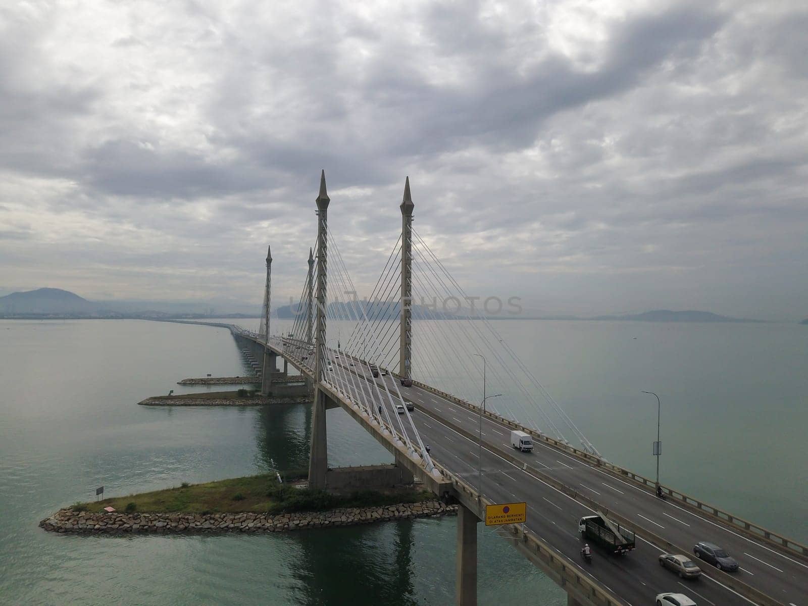 George Town, Penang/Malaysia - Oct 24 2019: Aerial view mid span at Penang Bridge.