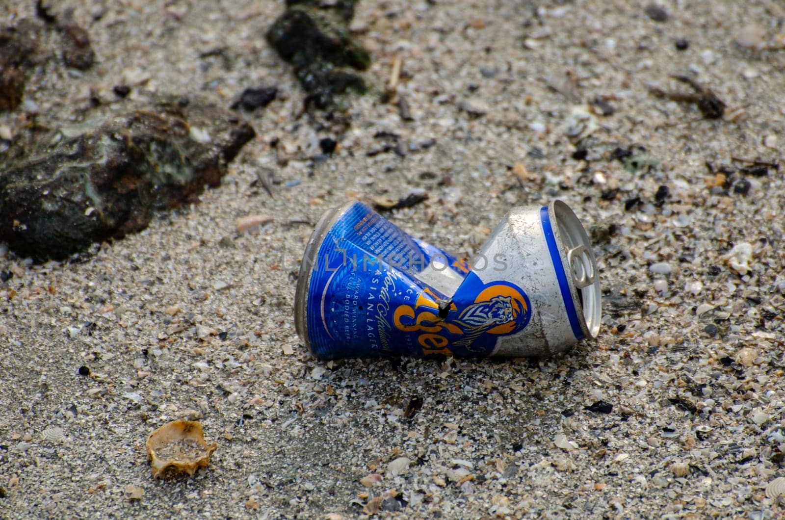 Batu Maung, Penang/Malaysia - Dec 28 2019: TIGER beer tin at beach.