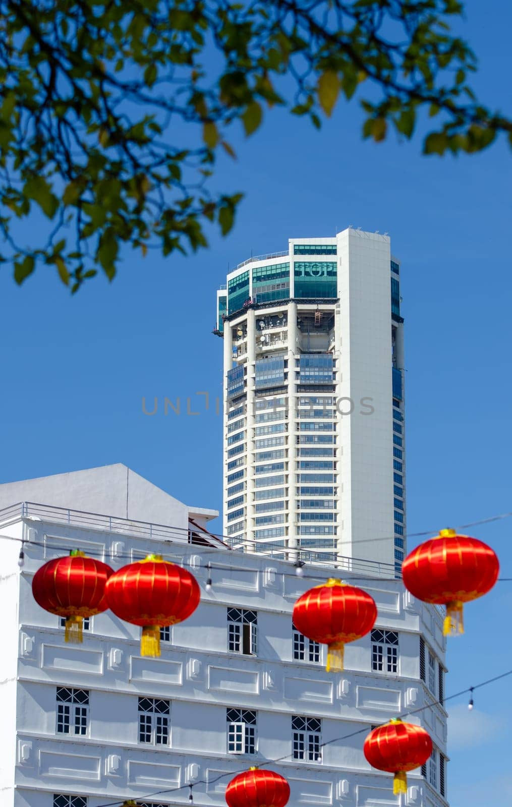 Georgetown, Penang/Malaysia - Jan 03 2020: KOMTAR building with red lantern decoration