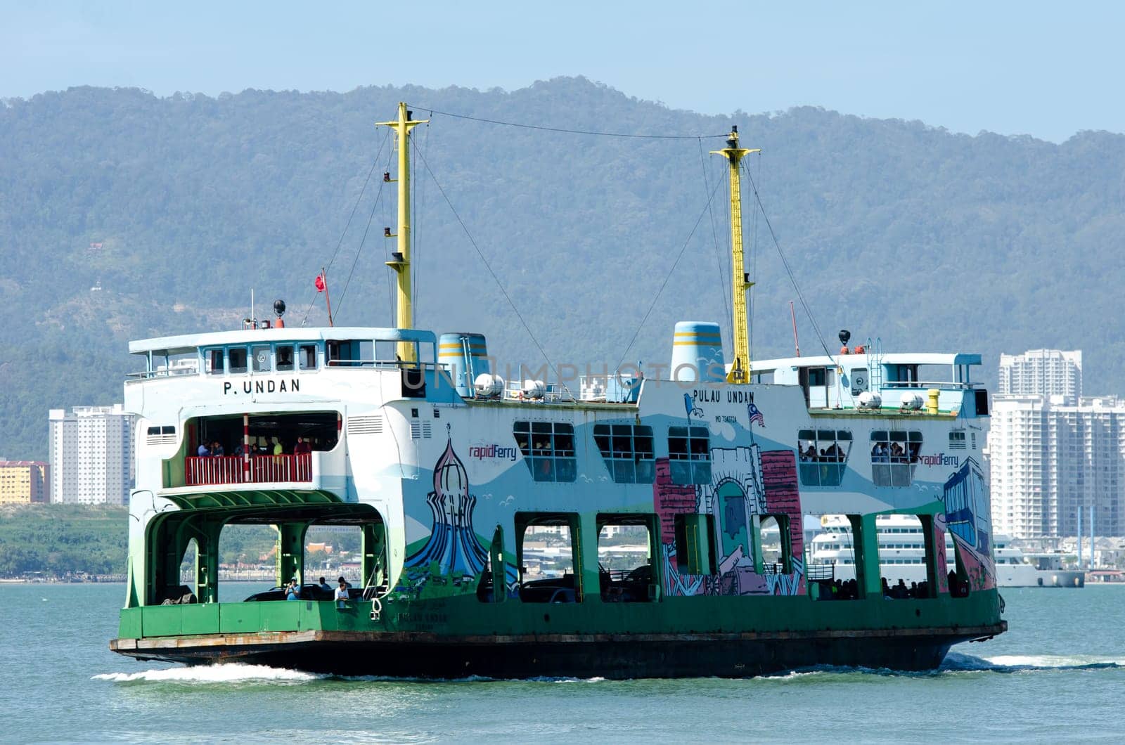 Butterworth, Penang/Malaysia - Jan 01 2020: Aerial view ferry carry transport and passenger.