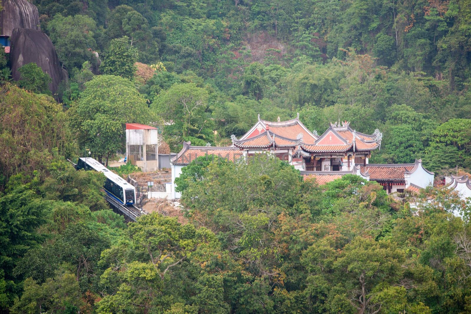 Georgetown, Penang/Malaysia - Jan 19 2020: Iconic transport funicular car near Jade Emperor God Temple at Penang Hill.